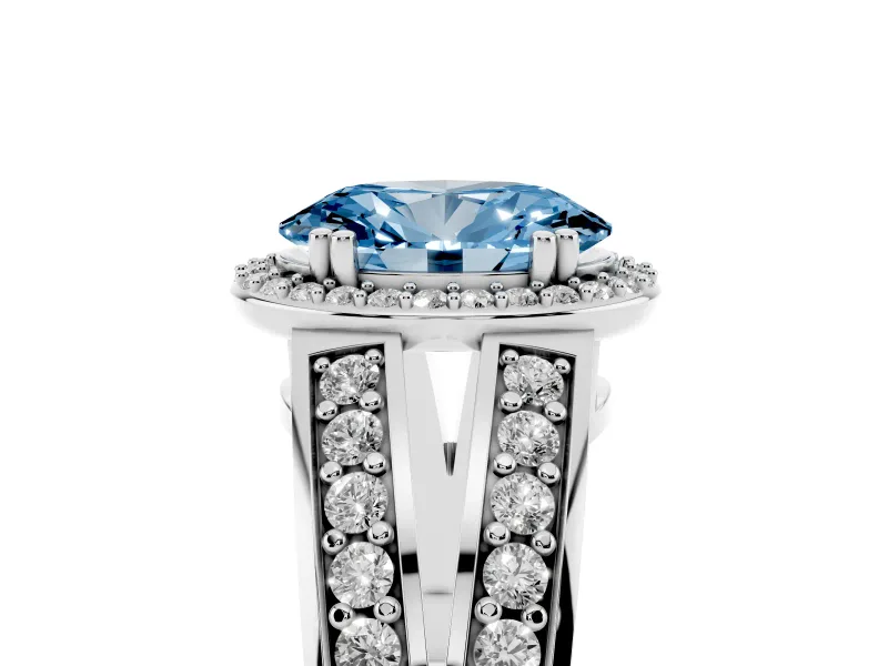 Fancy Blue Oval Cut Diamond Halo Ring Set in Platinum with Double Pavé Split Shank