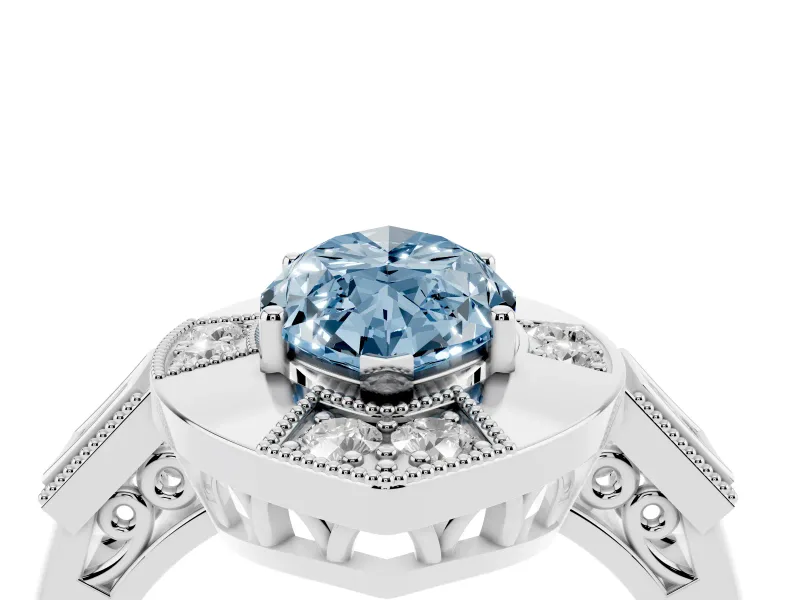 Fancy Blue Marquise Cut Diamond Milgrain Halo Ring Set in Platinum with Split Shank
