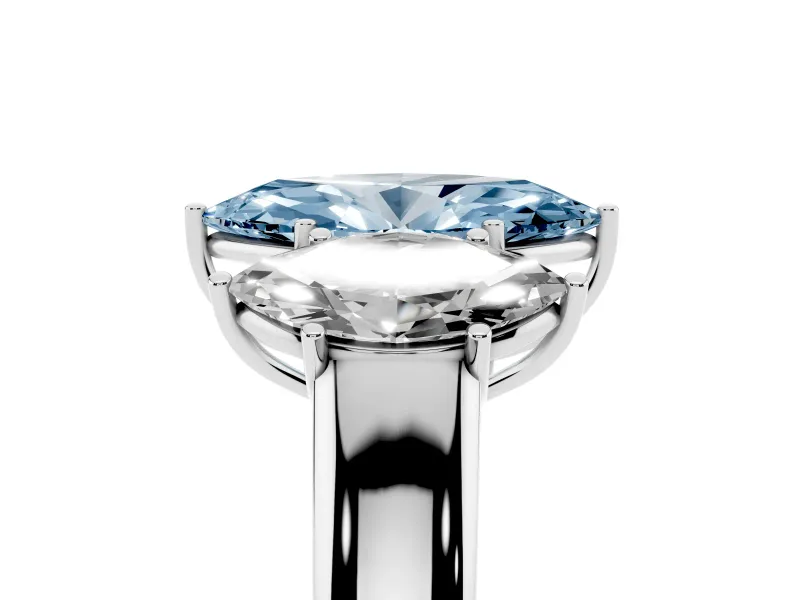 Fancy Blue Three-Stone Marquise Cut Diamond Ring Set in White gold with Matching Prong Settings and Plain Band
