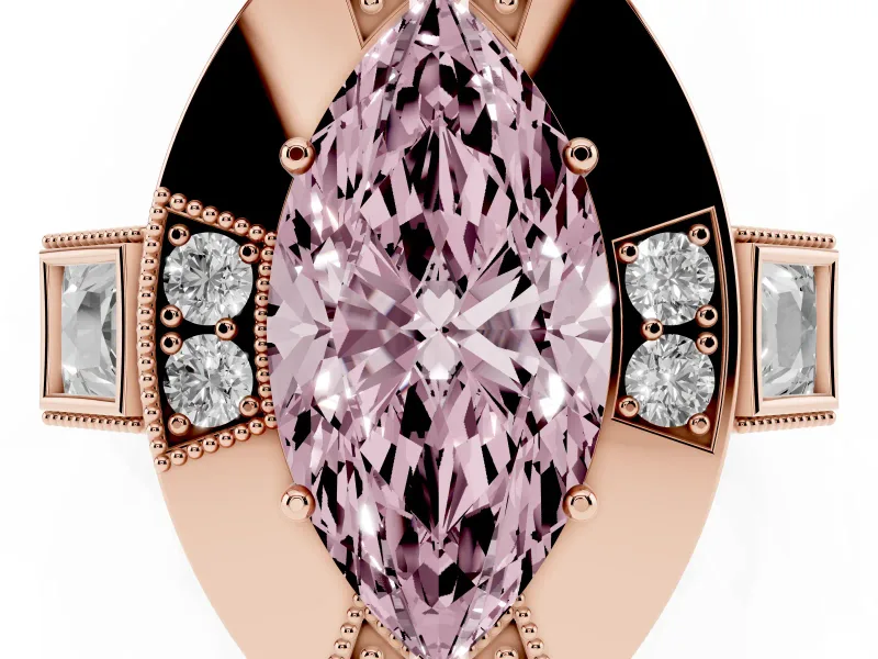 Fancy Pink Marquise Cut Diamond Milgrain Halo Ring Set in Rose gold with Split Shank