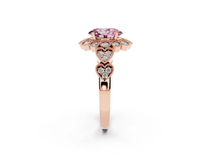 Oval Scalloped Halo Engagement Ring Setting for a Fancy Pink Lab-Grown Diamond | Heart Pavé Band | Rose Gold
