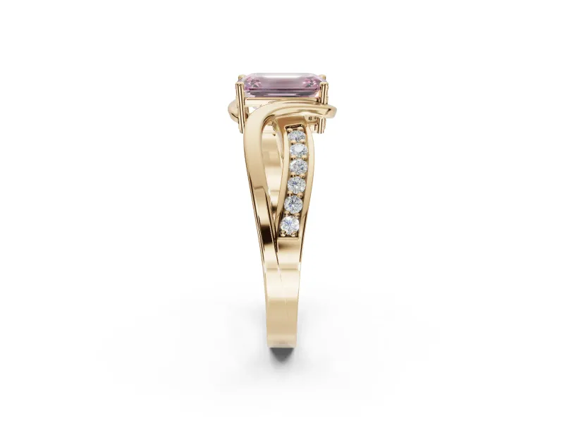 Emerald Cut Bypass Solitaire Engagement Ring Setting for a Fancy Pink Lab-Grown Diamond | Pavé Strands | Yellow Gold