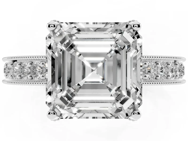 Asscher Cut Vintage Hidden Halo Engagement Ring Setting | Milgrain Pave Band | Platinum