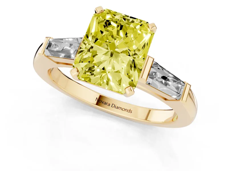 Radiant Cut Three Stone Engagement Ring Setting for a Fancy Yellow Lab-Grown Diamond | Tapered Baguettes | Yellow Gold