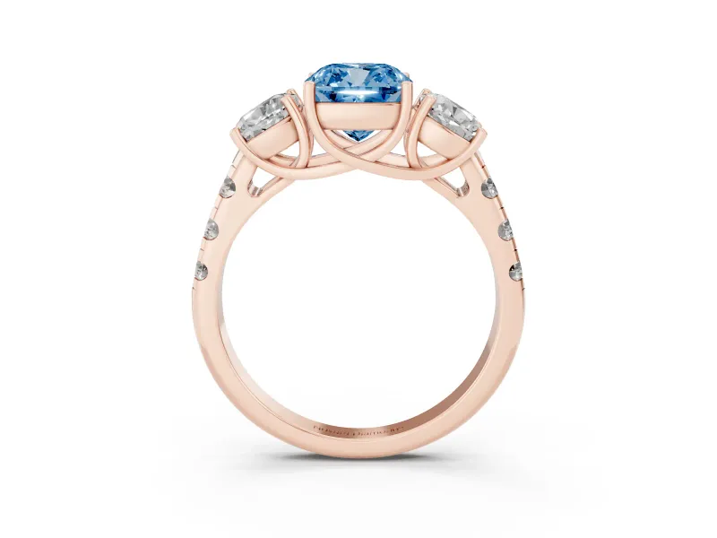 Cushion Cut Three Stone Engagement Ring Setting for a Fancy Blue Lab-Grown Diamond | Accented Shoulders | Rose Gold