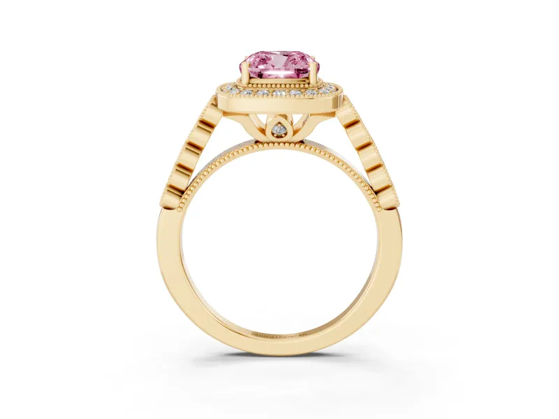 Cushion Cut Graduated Milgrain Halo Engagement Ring Setting for a Fancy Pink Lab-Grown Diamond | Yellow Gold