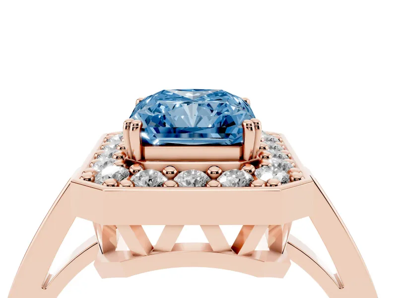 Radiant Cut Halo Engagement Ring Setting for a Fancy Blue Lab-Grown Diamond | Polished Halo Rim | Rose Gold
