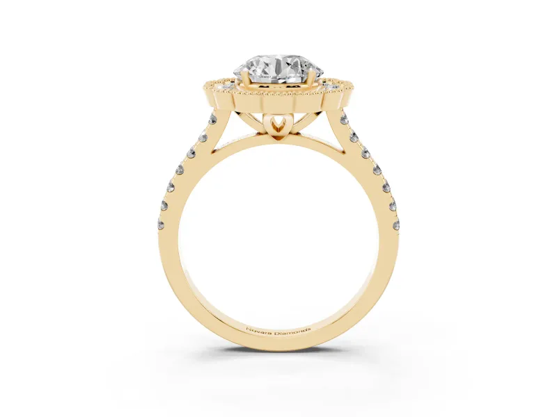 Round Cut Diamond Milgrain Floral Halo Engagement Ring Set in Yellow gold with Pavé Band