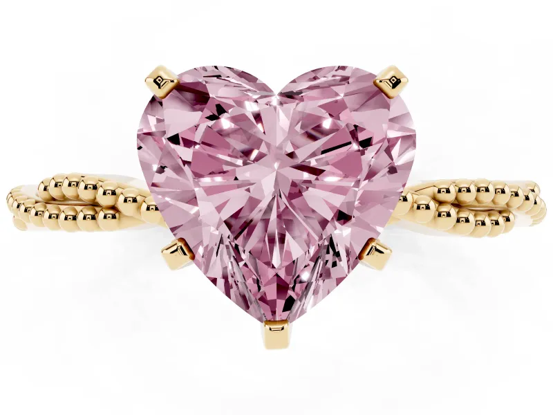 Heart-Shaped Twisted Engagement Ring Setting for a Fancy Pink Lab-Grown Diamond | Beaded Twist | Yellow Gold