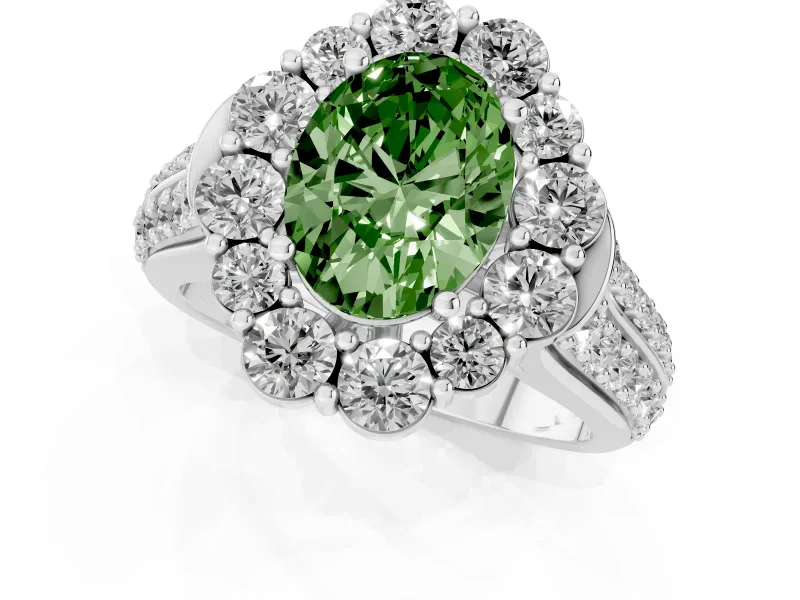 Fancy Green Oval Cut Diamond Halo Engagement Ring Set in Platinum with Split Shank and Prong Setting