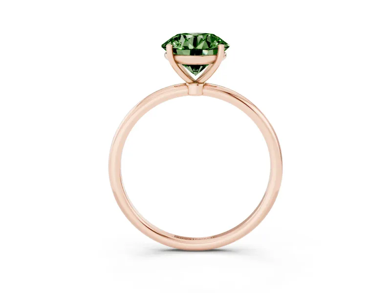 Fancy Green Round Cut Diamond Solitaire Engagement Ring Set in Rose gold with Thin Band and Prong Setting