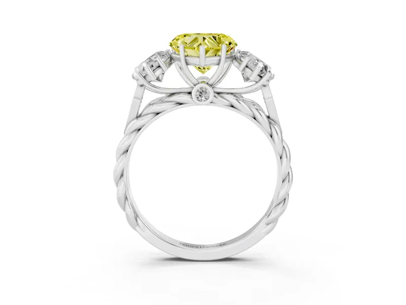 Heart-Shaped Three Stone Engagement Ring Setting for a Fancy Yellow Lab-Grown Diamond | Braided Band | White Gold