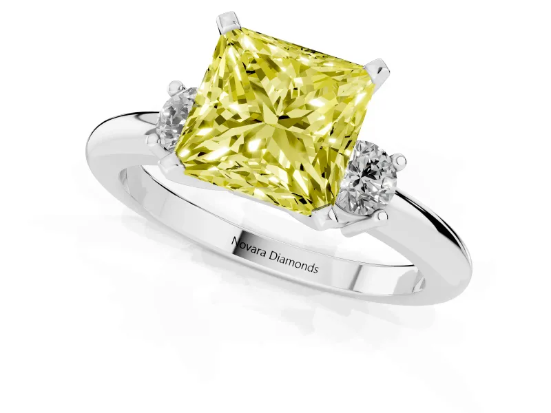 Princess Cut Three Stone Engagement Ring Setting for a Fancy Yellow Lab-Grown Diamond | Round Side Stones | White Gold