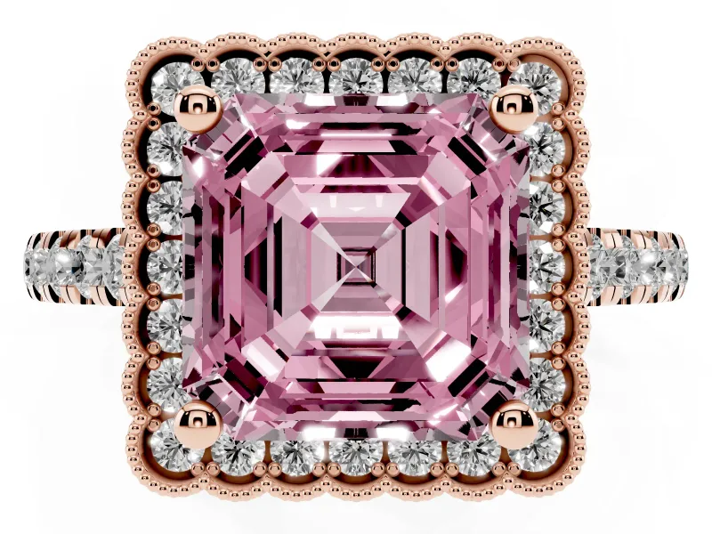 Asscher Cut Milgrain Floral Halo Engagement Ring Setting for a Fancy Pink Lab-Grown Diamond | Pavé Band | Rose Gold