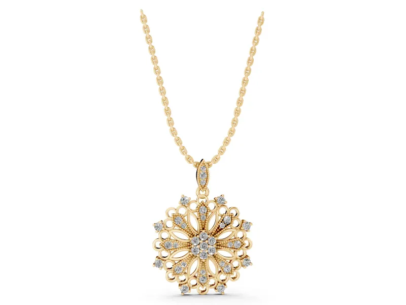 Round Lab-Grown Diamond Cluster Milgrain Floral Pendant Necklace | Openwork Medallion | Yellow Gold