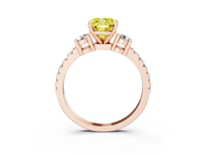 Cushion Cut Three Stone Engagement Ring Setting for a Fancy Yellow Lab-Grown Diamond | Pavé Band | Rose Gold