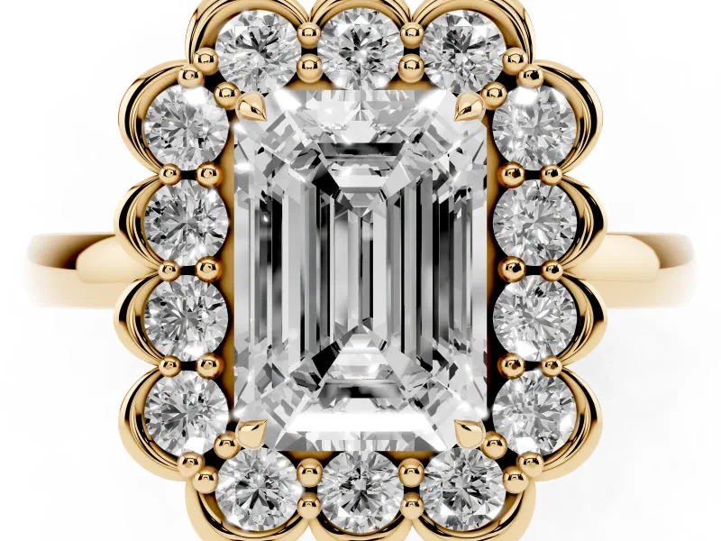 Emerald Cut Scalloped Cluster Halo Engagement Ring Setting | Plain Band | Yellow Gold