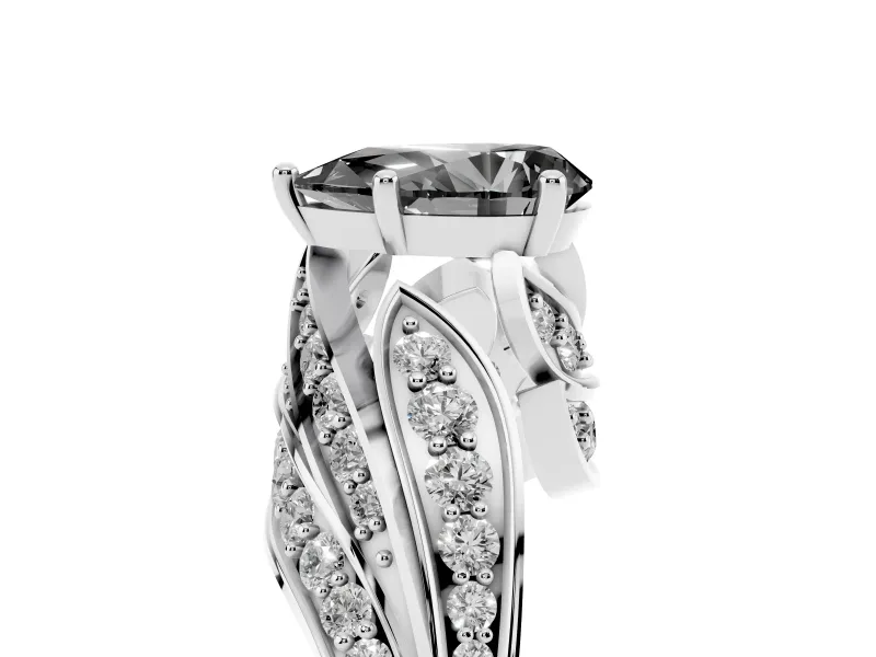 Fancy Black Pear Cut Diamond Solitaire Ring Set in Platinum with Layered Twist Pavé Band