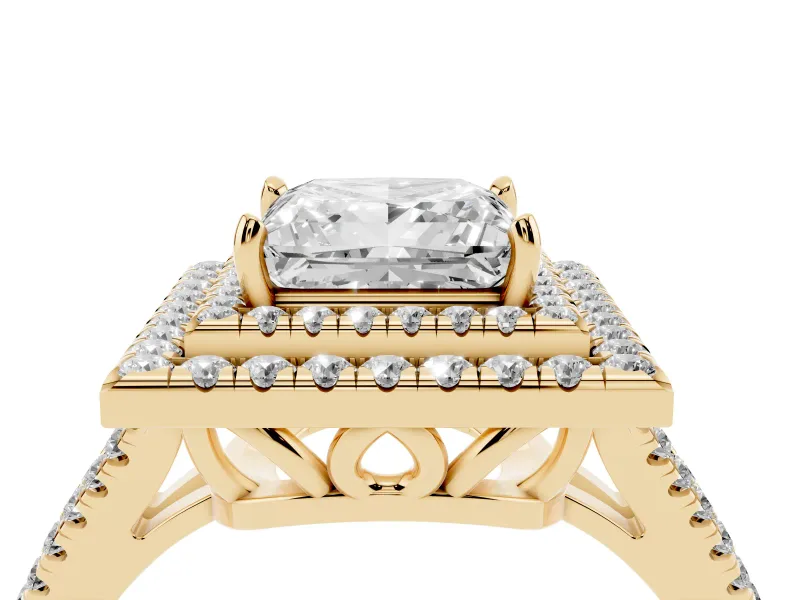 Princess Cut Double Halo Split Shank Engagement Ring Setting | Pavé Shoulders | Yellow Gold