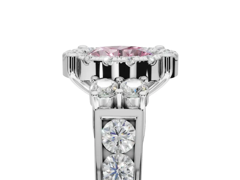 Round Halo Engagement Ring Setting for a Fancy Pink Lab-Grown Diamond | Graduated Channel Band | Sterling Silver
