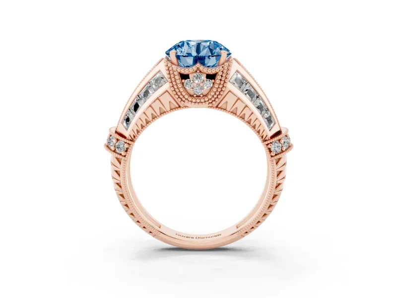 Round Vintage Milgrain Engagement Ring Setting for a Fancy Blue Lab-Grown Diamond | Hidden Halo | Rose Gold
