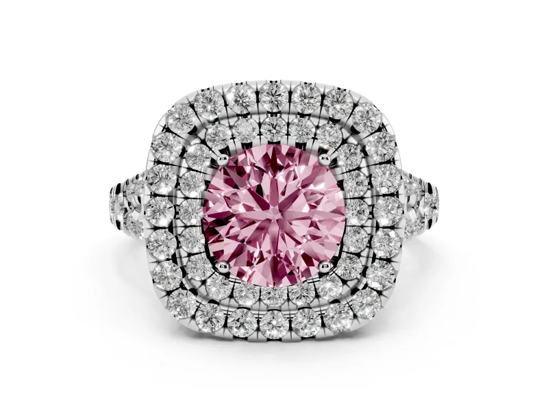 Fancy Pink Round Cut Diamond Double Halo Ring Set in Platinum with Pavé Split Shank and Prong Setting