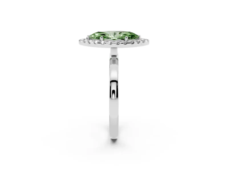 Fancy Green Marquise Cut Diamond Halo Solitaire Ring Set in White gold with Pavé Band and Prong Setting