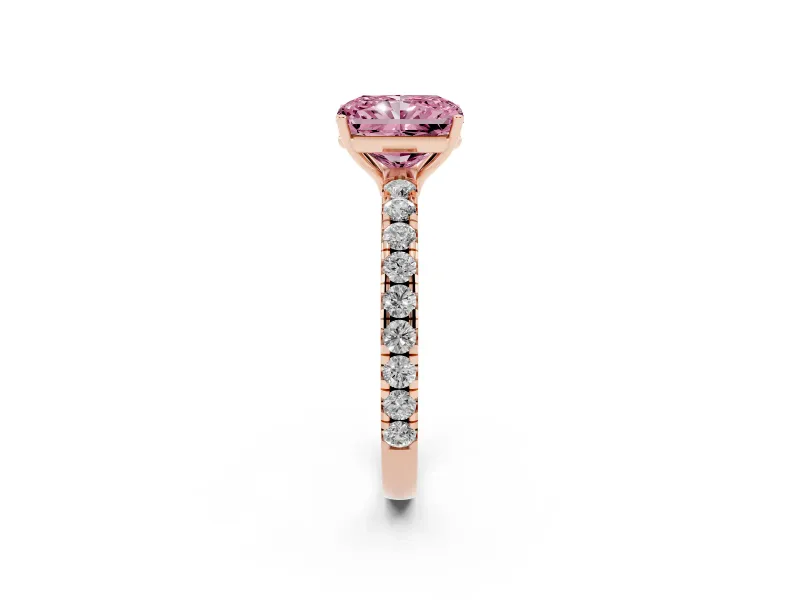 Radiant Cut Pave Solitaire Engagement Ring Setting for a Fancy Pink Lab-Grown Diamond | Shared Prong Band | Rose Gold
