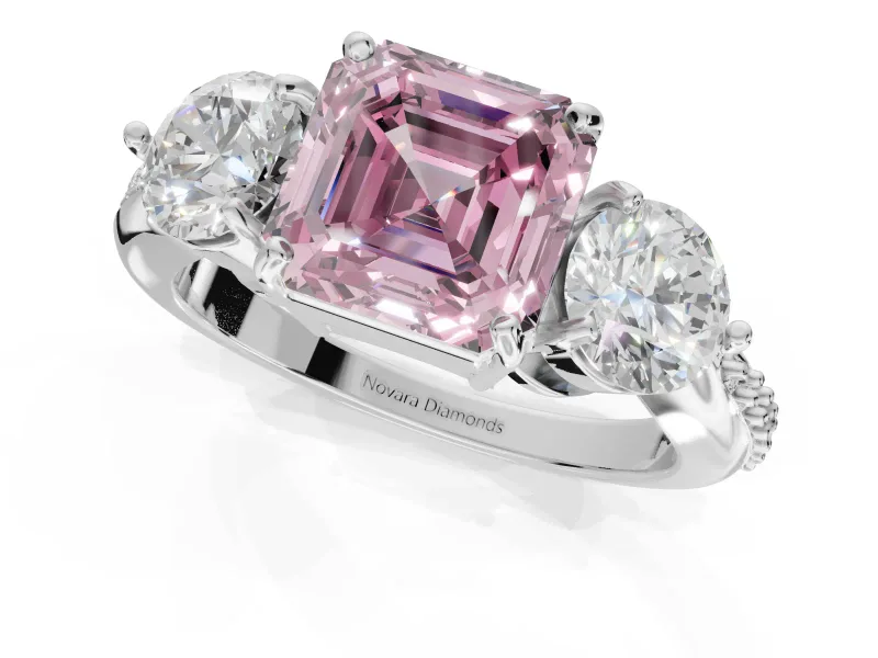 Asscher Cut Three Stone Engagement Ring Setting for a Fancy Pink Lab-Grown Diamond | Tapered Pave Band | Sterling Silver