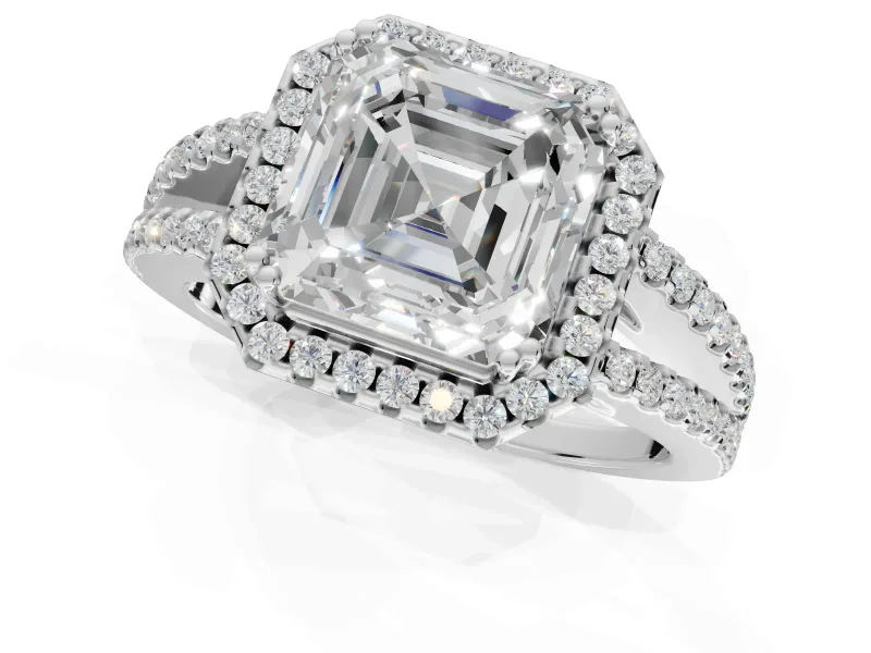 Asscher Cut Halo Split Shank Engagement Ring Setting | Pavé Shoulders | Sterling Silver