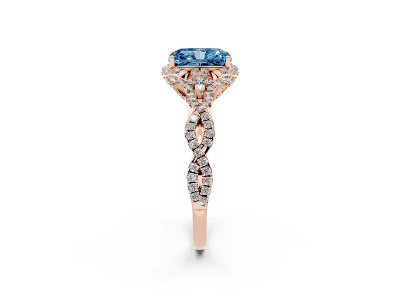 Radiant Cut Milgrain Halo Engagement Ring Setting for a Fancy Blue Lab-Grown Diamond | Graduated Shoulders | Rose Gold