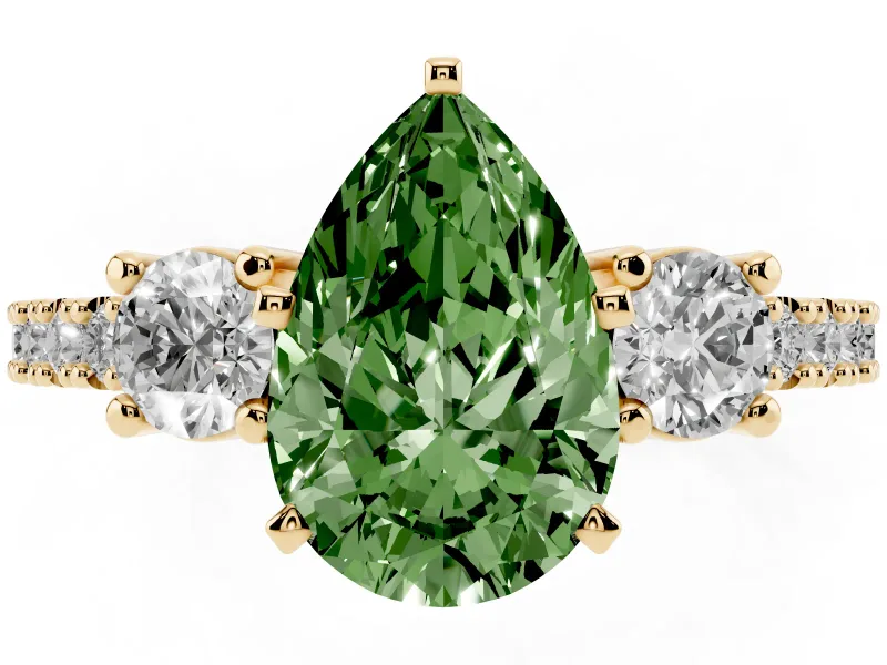 Fancy Green Three-Stone Pear Cut Diamond Pavé Band Ring Set in Yellow gold with Prong Setting