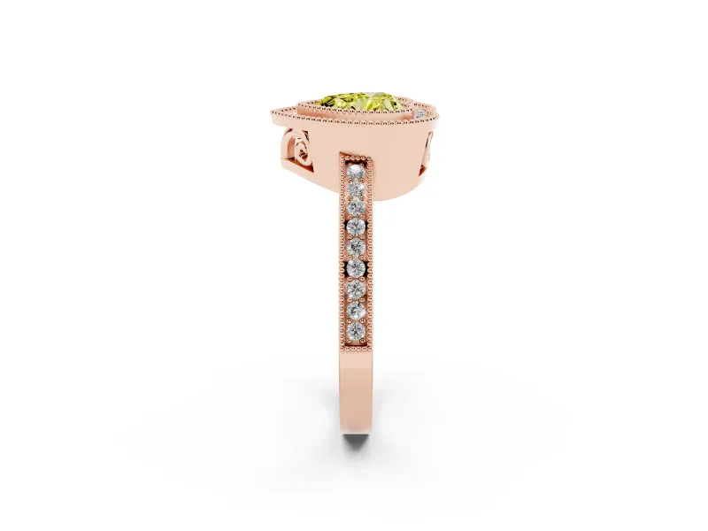 Fancy Yellow Heart Cut Diamond Halo Ring Set in Rose gold with Pavé Band and Milgrain-Edged Prongs