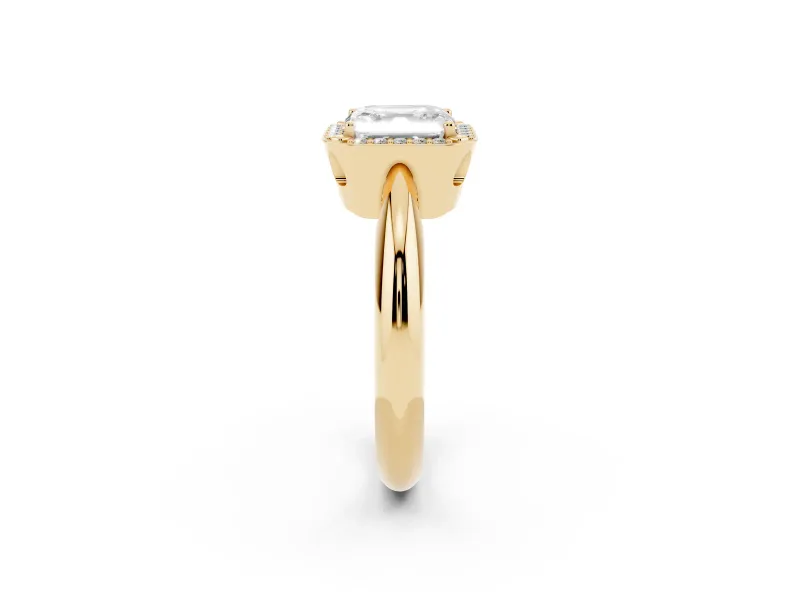 Asscher Cut Diamond Halo Engagement Ring Set in Yellow gold with Plain Split Shank and Prong Setting