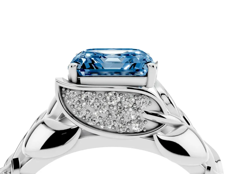 Asscher Cut Leaf Bypass Engagement Ring Setting for a Fancy Blue Lab-Grown Diamond | Sterling Silver