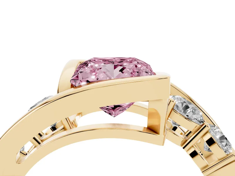 Fancy Pink Princess Cut Diamond Bezel Bypass Ring Set in Yellow gold with Round Accents