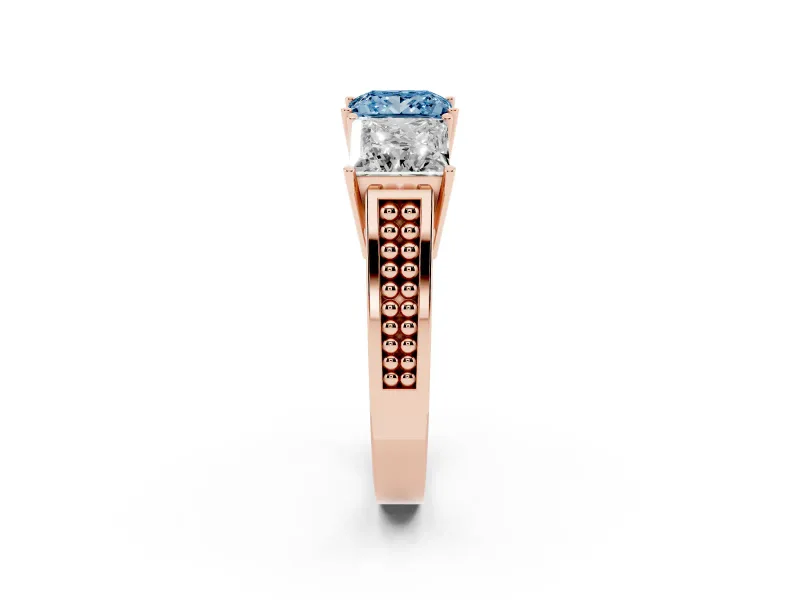 Princess Cut Three Stone Engagement Ring Setting for a Fancy Blue Lab-Grown Diamond | Beaded Shoulders | Rose Gold