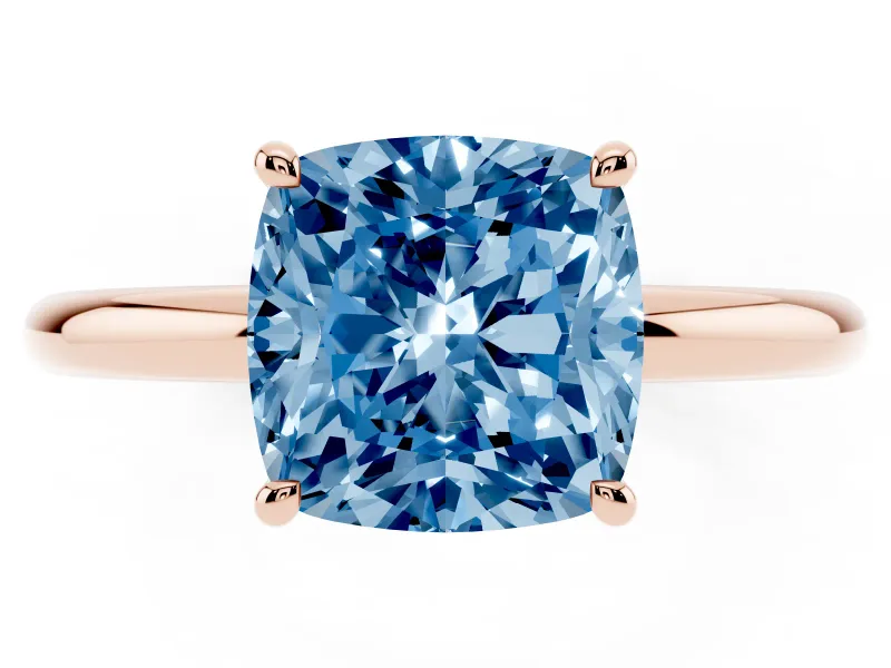 Fancy Blue Cushion Cut Diamond Solitaire Ring Set in Rose gold with Thin Band and Prong Setting