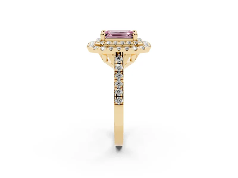 Fancy Pink Emerald Cut Diamond Double Halo Statement Ring Set in Yellow gold with Pavé Band
