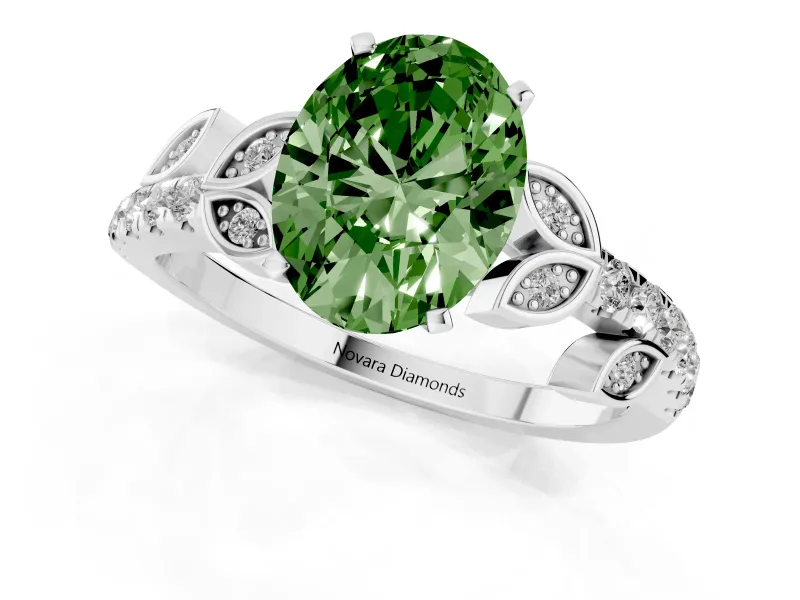 Fancy Green Oval Cut Diamond Solitaire Leaf-Inspired Ring Set in Silver with Pavé Band and Prong Setting