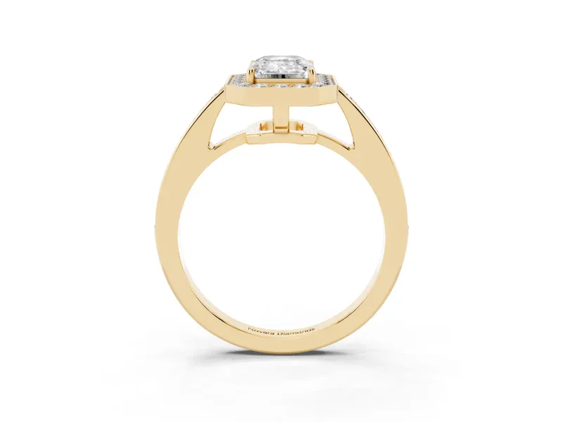 Emerald Cut Framed Halo Engagement Ring Setting | Graduated Pavé Band | Yellow Gold