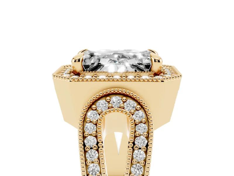 Emerald Cut Diamond Halo Ring Set in Yellow gold with Milgrain Accent Split Shank