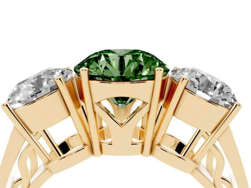 Round Engagement Ring Setting for a Fancy Green Lab-Grown Diamond | Three Stone | Yellow Gold