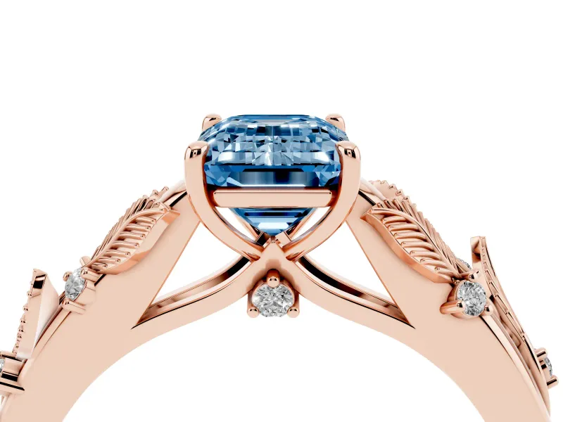 Emerald Cut Leaf Solitaire Engagement Ring Setting for a Fancy Blue Lab-Grown Diamond | Rose Gold