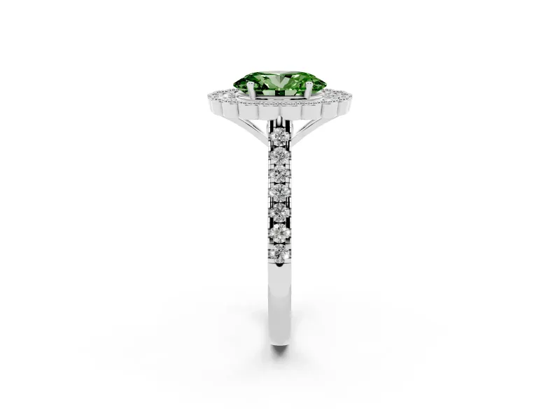 Fancy Green Oval Cut Diamond Milgrain Floral Halo Engagement Ring Set in White gold with Pavé Band