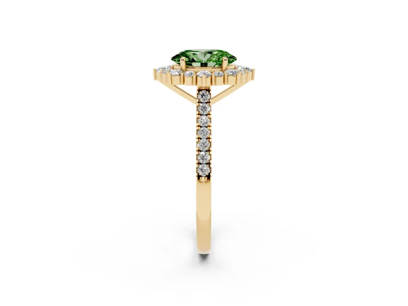 Oval Scalloped Halo Engagement Ring Setting for a Fancy Green Lab-Grown Diamond | Single Row Pave | Yellow Gold