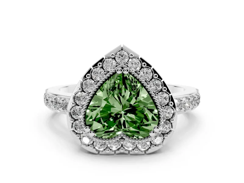 Fancy Green Heart Cut Diamond Halo Ring Set in Platinum with Pavé Shank and Prong Setting