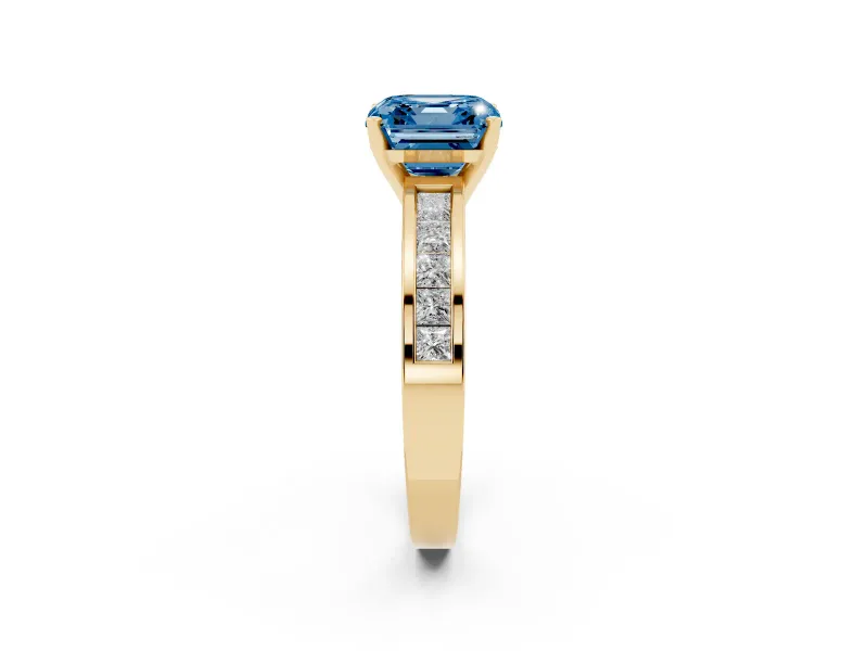 Fancy Blue Asscher Cut Diamond Solitaire Ring Set in Yellow gold with Channel-Set Band and Prong Setting
