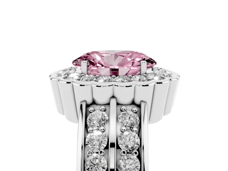 Fancy Pink Oval Cut Diamond Scalloped Halo Ring Set in White gold with Pavé Split Shank