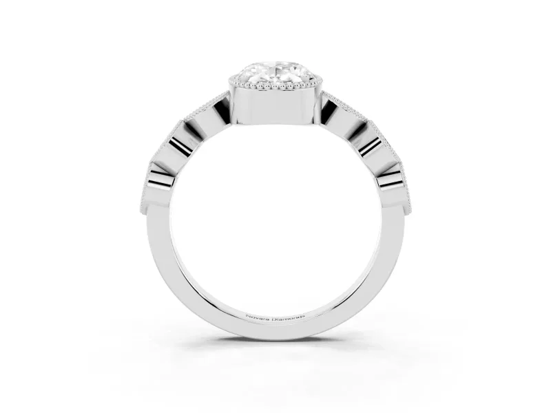 Oval Cut Diamond Vintage-Inspired Milgrain Ring Set in Platinum with Marquise Stations of Round Accents